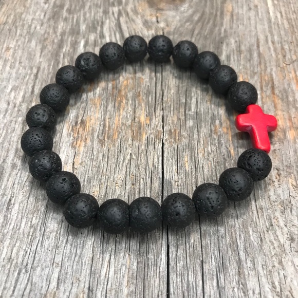 Black Lava Bead Red Christian Cross Bracelet - Picture 2 of 2